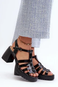 New Buty damskie Vinceza Lakierowane Skórzane Sandały Damskie Na Słupku Vinceza 66621 Czarne Czarny