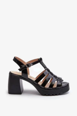 New Buty damskie Vinceza Lakierowane Skórzane Sandały Damskie Na Słupku Vinceza 66621 Czarne Czarny