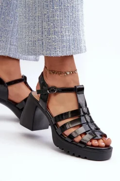 New Buty damskie Vinceza Lakierowane Skórzane Sandały Damskie Na Słupku Vinceza 66621 Czarne Czarny