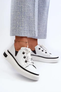 Clearance Damskie buty S.Barski Lakierowane Sneakersy Damskie Skórzane D&A LR535 Białe