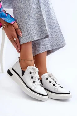 Clearance Damskie buty S.Barski Lakierowane Sneakersy Damskie Skórzane D&A LR535 Białe