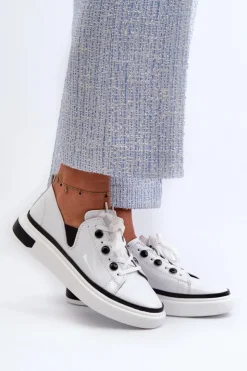 Clearance Damskie buty S.Barski Lakierowane Sneakersy Damskie Skórzane D&A LR535 Białe