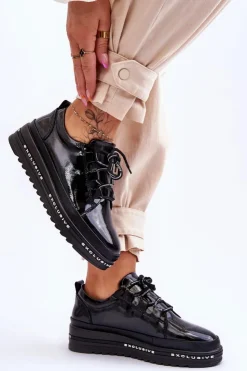 Damskie buty S.Barski Sneakersy Damskie*Lakierowane Sneakersy Damskie Na Platformie Czarne S.Barski LR592B