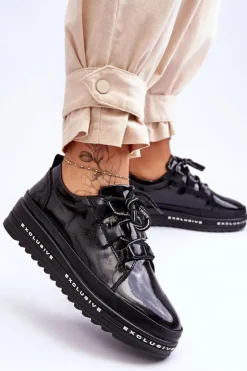 Damskie buty S.Barski Sneakersy Damskie*Lakierowane Sneakersy Damskie Na Platformie Czarne S.Barski LR592B