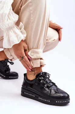 Damskie buty S.Barski Sneakersy Damskie*Lakierowane Sneakersy Damskie Na Platformie Czarne S.Barski LR592B