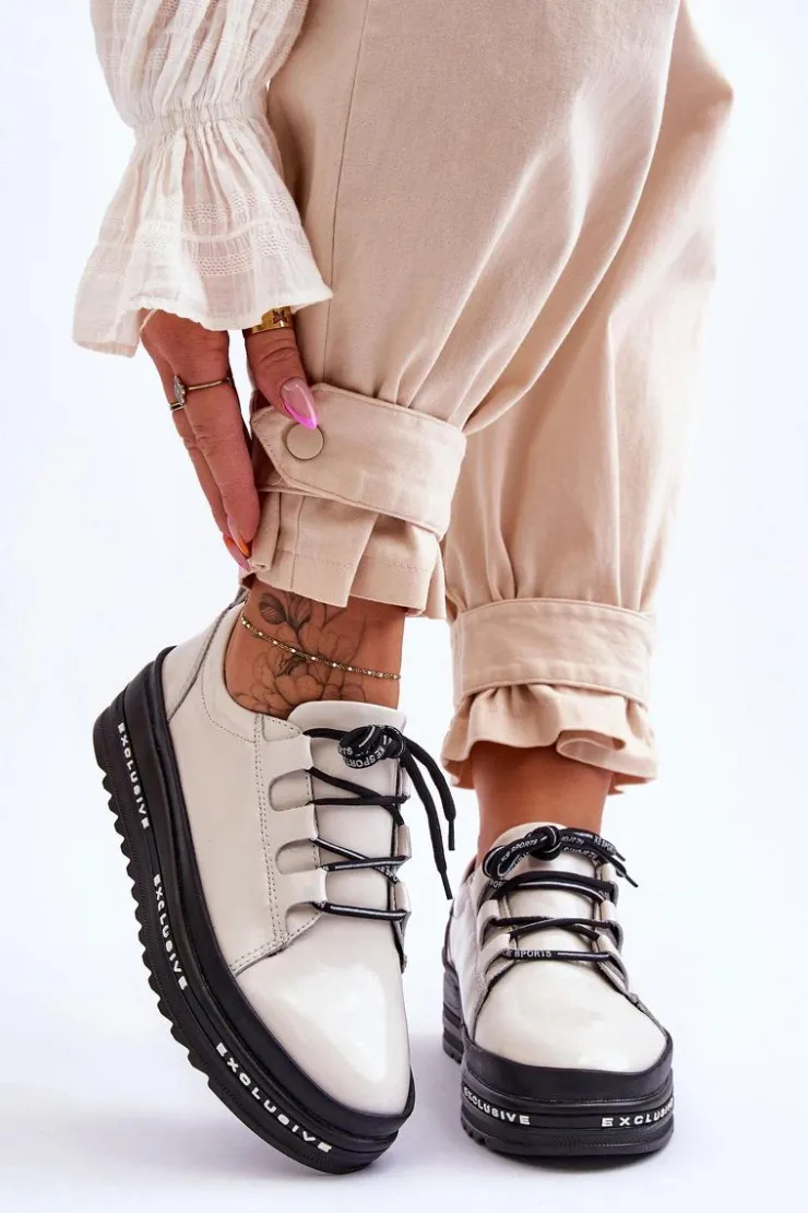 Damskie buty S.Barski Lakierowane Sneakersy Damskie Na Platformie Beżowe S.Barski LR592B