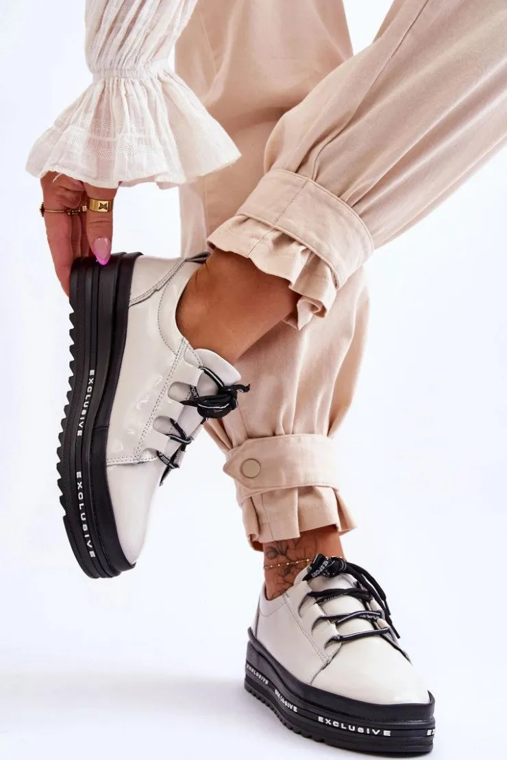 Damskie buty S.Barski Lakierowane Sneakersy Damskie Na Platformie Beżowe S.Barski LR592B