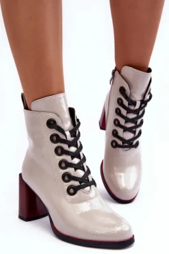 Damskie buty S.Barski Botki Sznurowane|Botki Na Słupku*Lakierowane Sznurowane Botki Na Słupku S.Barski MR870-15 Jasnoszare