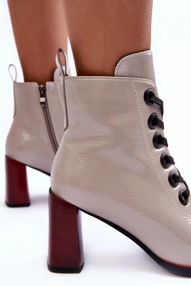 Damskie buty S.Barski Botki Sznurowane|Botki Na Słupku*Lakierowane Sznurowane Botki Na Słupku S.Barski MR870-15 Jasnoszare