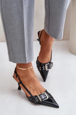 Boto Czółenka Klasyczne*Lakierowane Szpilki Z Klamrą Czarne Zeisia