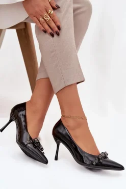 Damskie Boto Lakierowane Szpilki Z Kokardką Czarne Janisse