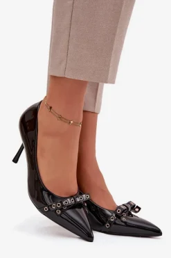 Damskie Boto Lakierowane Szpilki Z Kokardką Czarne Janisse