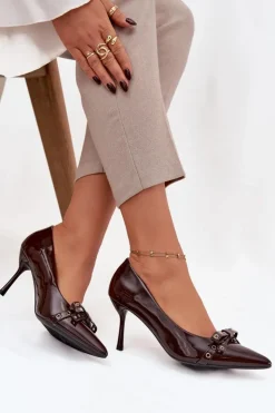 Boto Czółenka Klasyczne*Lakierowane Szpilki Z Kokardką Czekoladowe Janisse Brązowy