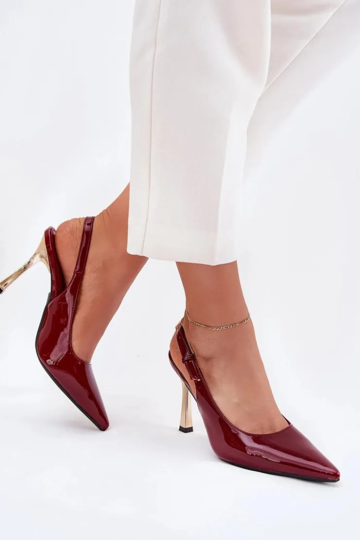 Boto Czółenka Klasyczne*Lakierowane Szpilki Z Odkrytą Piętą I Szpiczastymi Noskami Bordowe Rivori