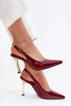 Boto Czółenka Klasyczne*Lakierowane Szpilki Z Odkrytą Piętą I Szpiczastymi Noskami Bordowe Rivori