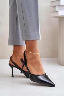 Damskie Boto Lakierowane Szpilki Z Odkrytą Piętą Czarne Emmizola