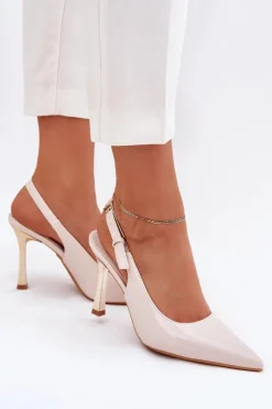 Damskie Boto Lakierowane Szpilki Z Odkrytą Piętą I Szpiczastymi Noskami Jasnobeżowe Rivori