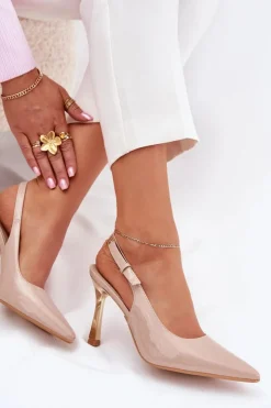 Boto Czółenka Klasyczne*Lakierowane Szpilki Z Odkrytą Piętą I Szpiczastymi Noskami Beżowe Rivori Beżowy