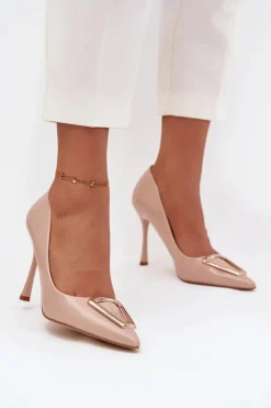 Clearance Boto Lakierowane Szpilki Ze Złotym Detalem Beżowe Paivelle Beżowy