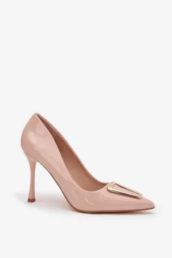 Clearance Boto Lakierowane Szpilki Ze Złotym Detalem Beżowe Paivelle Beżowy
