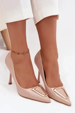 Clearance Boto Lakierowane Szpilki Ze Złotym Detalem Beżowe Paivelle Beżowy