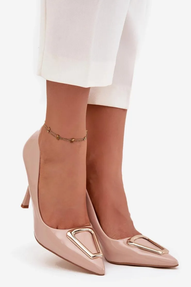 Clearance Boto Lakierowane Szpilki Ze Złotym Detalem Beżowe Paivelle Beżowy