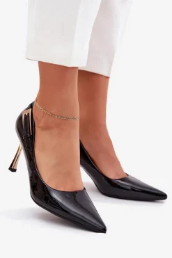 Boto Czółenka Klasyczne*Lakierowane Szpilki Ze Złotą Klamrą Czarne Mivira