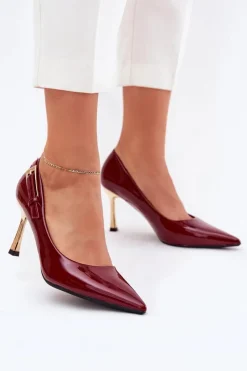 Outlet Boto Lakierowane Szpilki Ze Złotą Klamrą Bordowe Mivira Czerwony