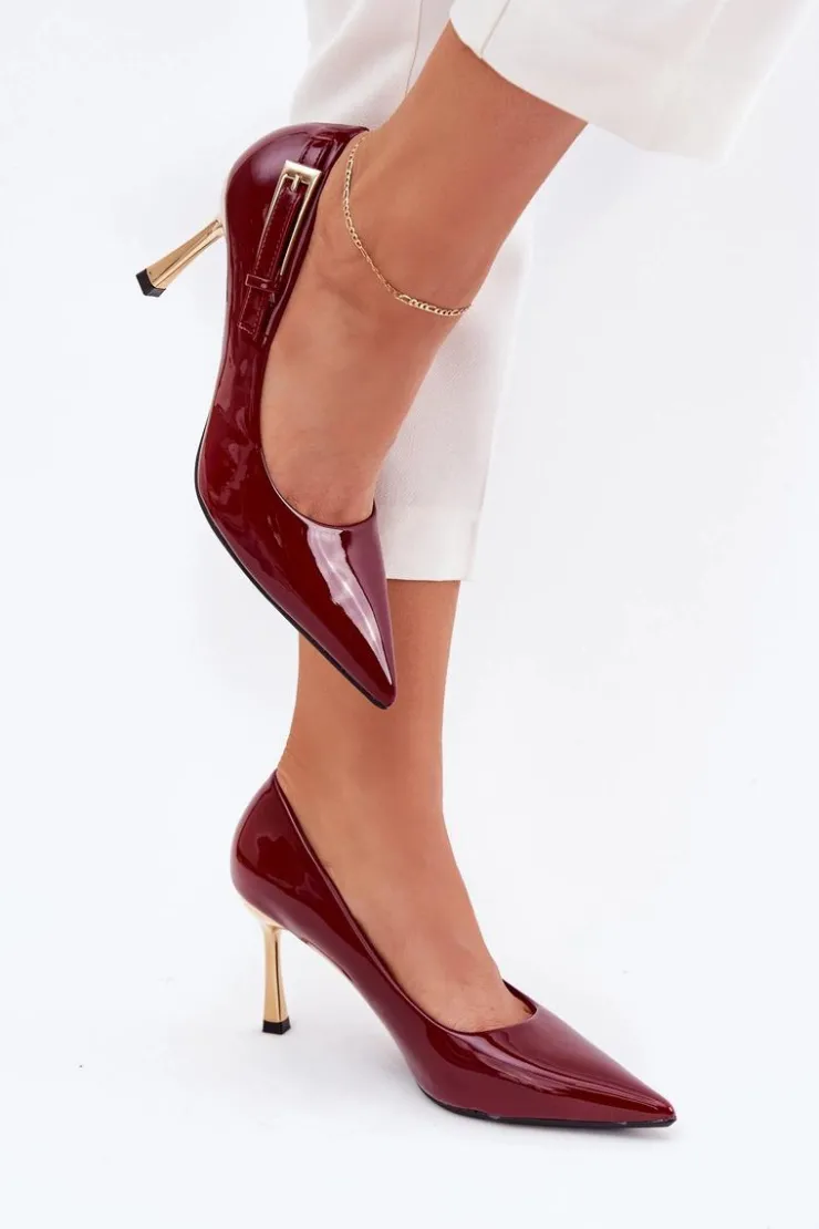 Outlet Boto Lakierowane Szpilki Ze Złotą Klamrą Bordowe Mivira Czerwony