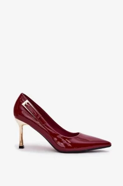 Outlet Boto Lakierowane Szpilki Ze Złotą Klamrą Bordowe Mivira Czerwony