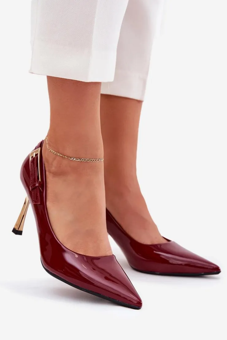 Outlet Boto Lakierowane Szpilki Ze Złotą Klamrą Bordowe Mivira Czerwony