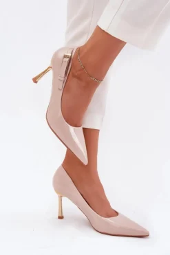 Damskie Boto Lakierowane Szpilki Ze Złotą Klamrą Beżowe Mivira