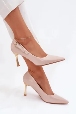 Damskie Boto Lakierowane Szpilki Ze Złotą Klamrą Beżowe Mivira