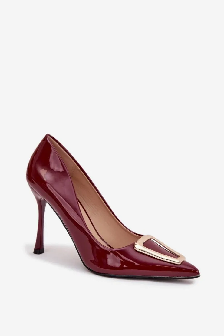 Boto Czółenka Klasyczne*Lakierowane Szpilki Ze Złotym Detalem Bordowe Paivelle Czerwony