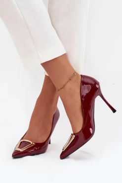 Boto Czółenka Klasyczne*Lakierowane Szpilki Ze Złotym Detalem Bordowe Paivelle Czerwony