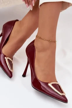 Boto Czółenka Klasyczne*Lakierowane Szpilki Ze Złotym Detalem Bordowe Paivelle Czerwony