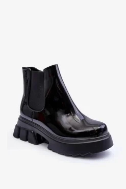 Boto Czarne Botki|Botki Płaskie*Lakierowane Sztyblety Workery Damskie Czarne Brizora