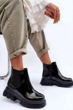 Boto Czarne Botki|Botki Płaskie*Lakierowane Sztyblety Workery Damskie Czarne Brizora