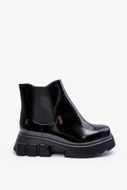 Boto Czarne Botki|Botki Płaskie*Lakierowane Sztyblety Workery Damskie Czarne Brizora