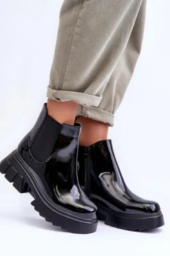 Boto Czarne Botki|Botki Płaskie*Lakierowane Sztyblety Workery Damskie Czarne Brizora