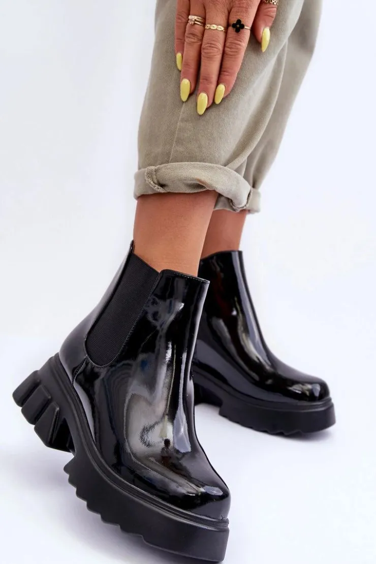 Boto Czarne Botki|Botki Płaskie*Lakierowane Sztyblety Workery Damskie Czarne Brizora