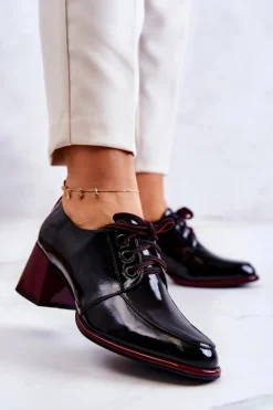 Best Damskie buty S.Barski Lakierowane Wiązane Półbuty Na Słupku Czarno-Czerwone Esmera