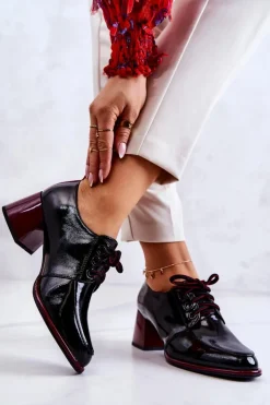 Best Damskie buty S.Barski Lakierowane Wiązane Półbuty Na Słupku Czarno-Czerwone Esmera