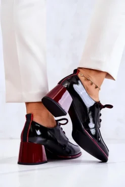 Best Damskie buty S.Barski Lakierowane Wiązane Półbuty Na Słupku Czarno-Czerwone Esmera