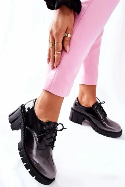 Damskie buty S.Barski Półbuty Lakierowane*Lakierowane Wiązane Półbuty Czarno-Szare Mosy