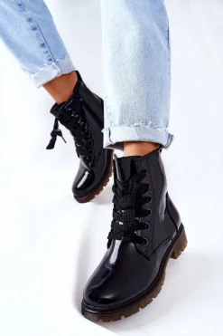 Discount Evento Lakierowane Workery Ocieplane Czarne Lomess