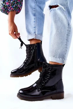 Discount Evento Lakierowane Workery Ocieplane Czarne Lomess