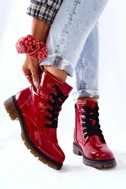 Evento Botki Sznurowane|Czarne Botki*Lakierowane Workery Ocieplane Czerwone Lomess
