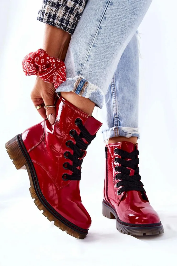 Evento Botki Sznurowane|Czarne Botki*Lakierowane Workery Ocieplane Czerwone Lomess