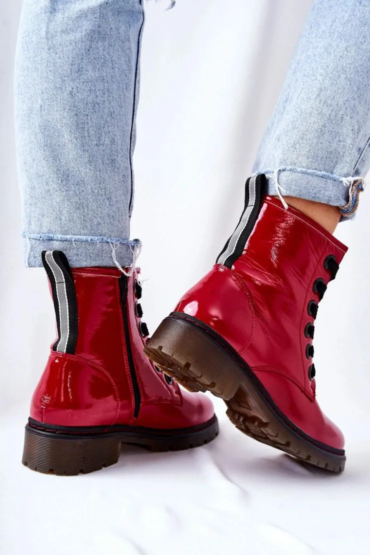 Evento Botki Sznurowane|Czarne Botki*Lakierowane Workery Ocieplane Czerwone Lomess